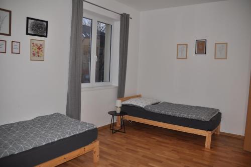 two twin beds in a room with a window at Apartment 3 Stavební in Cheb