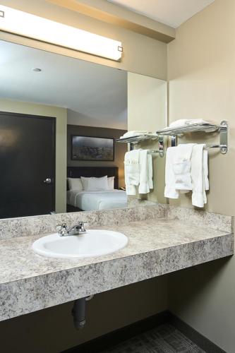 a bathroom with a sink and a large mirror at Canad Inns Destination Centre Transcona in Winnipeg