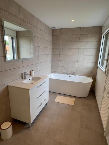 a bathroom with a tub and a sink and a mirror at La maison des étangs in Rebecques
