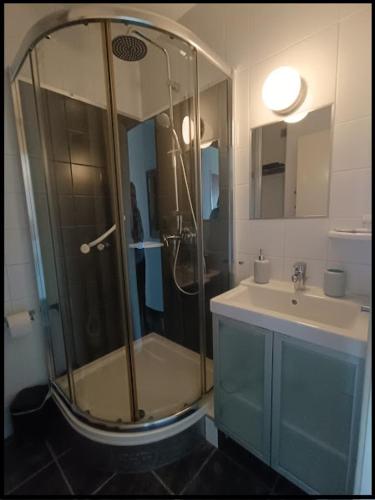 a bathroom with a shower and a sink at La Bella Vista - appartement classé 2 étoiles in Mèze