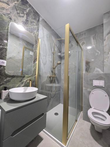 a bathroom with a shower and a toilet and a sink at Splendida in Bosanska Gradiška