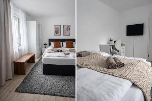 a bedroom with two beds and a tv on the wall at Apartment Lale - Frankenwald, Waldblick & Rennsteig in Steinbach am Wald
