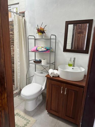 a bathroom with a white toilet and a sink at Virginia's apartaments in Omoa