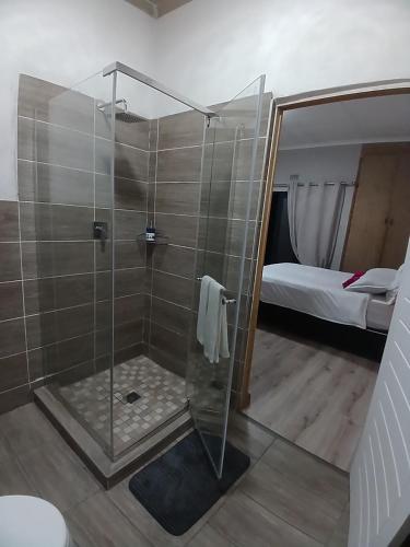 a shower with a glass door in a bedroom at Donido's Place in Alberton