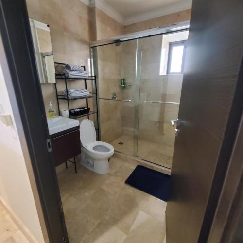 a bathroom with a shower and a toilet and a sink at PALMARUBA 2bedroom condo in Palm-Eagle Beach