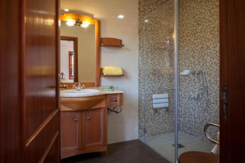 a bathroom with a sink and a shower at Cerca dos Passais in Entre Ambos os Rios