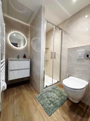 a bathroom with a toilet and a shower at La suite canopée en Brocéliande in Campénéac