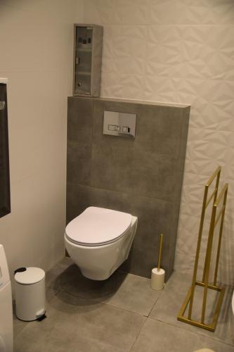 a bathroom with a white toilet in a room at Apartment Tomasza 8 in Krakow