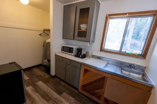 a small kitchen with a sink and a window at The Tamarack Lodge in Lakeshore