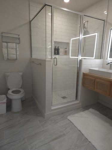 a bathroom with a shower and a toilet and a sink at Twin Nest Duplex in Irving