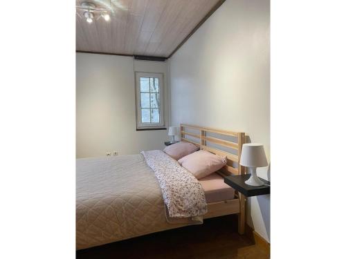 a bedroom with a bed with pink pillows and a window at Modern Chalet in Sougné-Remouchamps near Forest in Aywaille