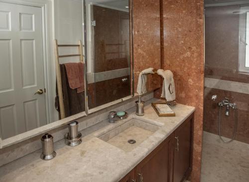 a bathroom with a sink with a mirror and a shower at Lagonisi Beach Villa in Lagonissi