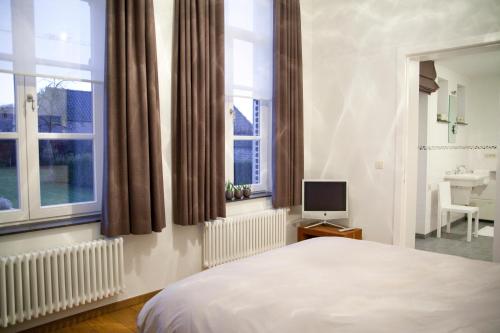 a bedroom with a bed and a tv and windows at De Pastory in Grote-Brogel