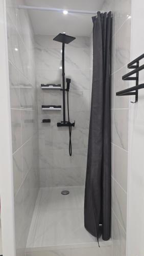 a bathroom with a shower with a shower curtain at Maison 4 personnes - Louargat in Louargat