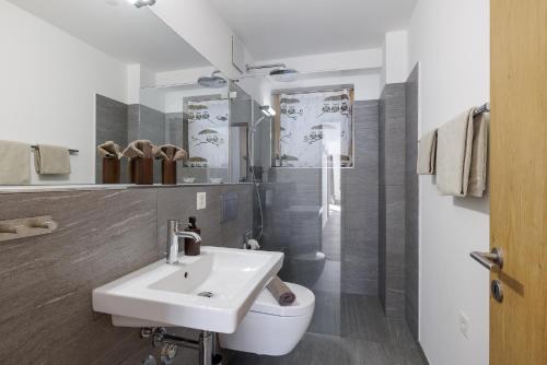 a bathroom with a sink and a toilet at Chasa AlpVista in Sent