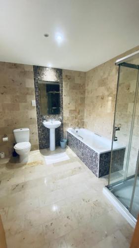 a bathroom with a tub and a toilet and a sink at Sea Vista Boutique Accommodation in Fahan
