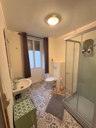 a bathroom with a shower and a toilet and a sink at The LightHouse Chambres à louer in Châteaulin