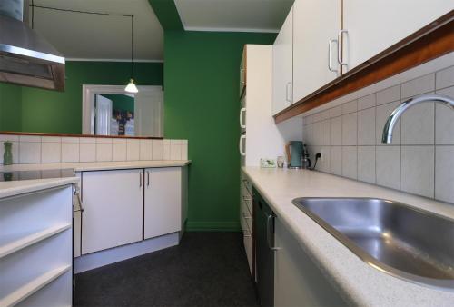 a kitchen with a sink and a green wall at Greenbrook Homes - Family 7PPL in Aalborg