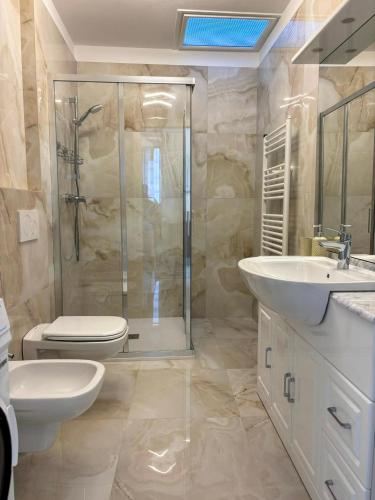 ein Badezimmer mit Dusche, Toilette und Waschbecken in der Unterkunft Casa Giulia in Dongo