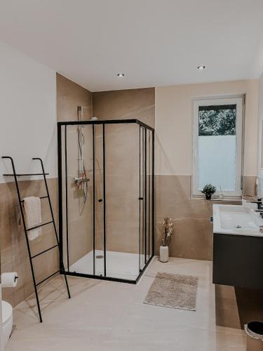 a bathroom with a shower and a sink at Batu Apartment in Viernheim