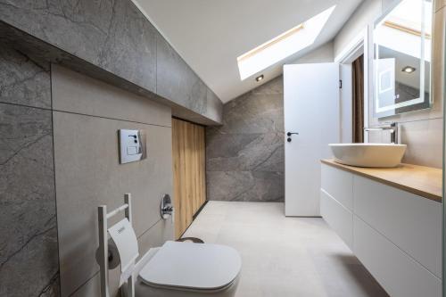 a bathroom with a white toilet and a sink at Apartments Polejanov in Razlog