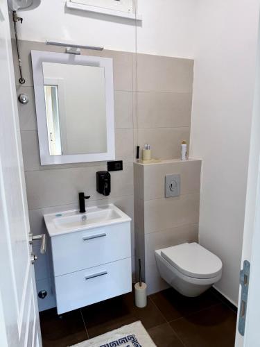 a bathroom with a white sink and a toilet at Lucid Apartment 1 in Crvenka