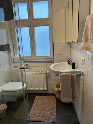 a bathroom with a toilet and a sink at Warendorf 14 in Warendorf