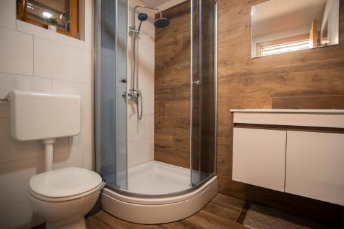a bathroom with a shower and a toilet and a sink at Savoy Village in Čokadinci