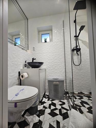 a bathroom with a toilet and a sink and a shower at Modern & Glam Studio Costi in Brăila