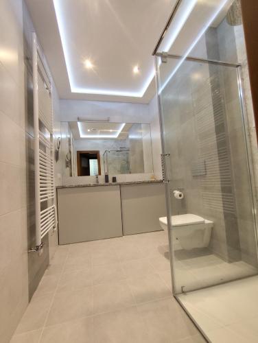 a bathroom with a glass shower and a toilet at Berryblossom Estate in Krosno