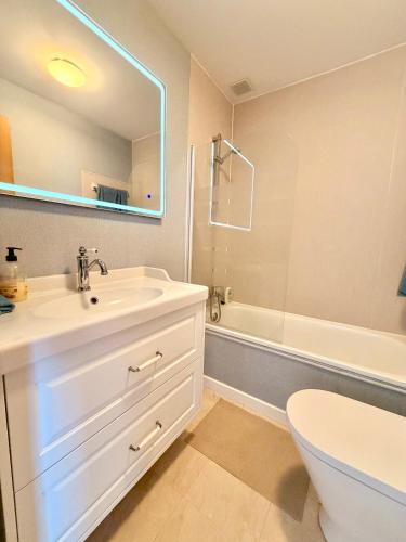 a bathroom with a sink and a toilet and a mirror at Dúplex Mies de Usgo in Miengo