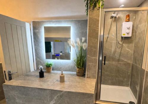 a bathroom with a shower and a sink at Williamson Suites - Apartment 2 in Liverpool