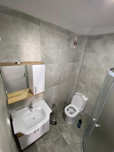 a bathroom with a white toilet and a sink at pH Ölüdeniz Suite in Fethiye