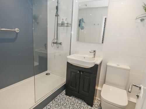 a bathroom with a sink and a shower and a toilet at Vista Mare 1 in Weymouth