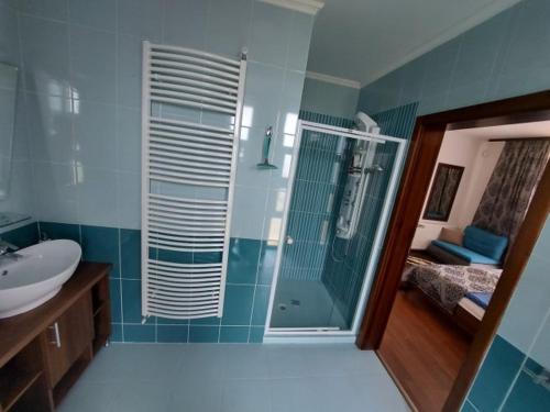a bathroom with a shower and a sink and a toilet at Villa Rózsa Vendégház in Erdőbénye