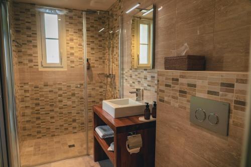 a bathroom with a sink and a shower at Château La Voûte in Saint-Étienne-de-Lisse