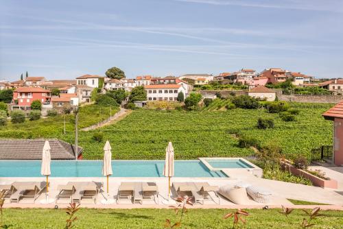 a swimming pool with chairs and umbrellas at Casa da Lameira Douro Valley in Peso da Régua