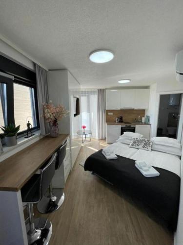 a bedroom with a bed and a desk and a sink at Villa Laverna Annex in Novalja