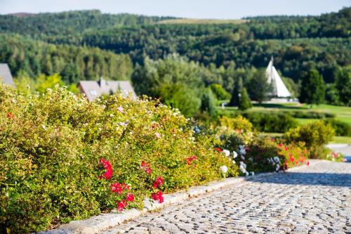 a cobblestone path with flowers in a garden at Kurhotel Bad Schlema in Bad Schlema