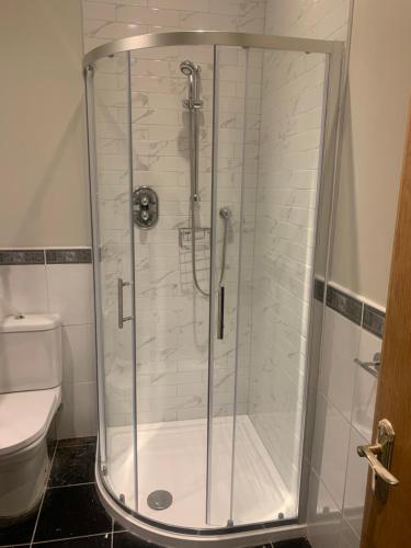 a shower with a glass door in a bathroom at Howth village apartment in Howth