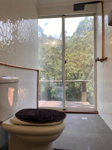 a toilet in a room with a large window at Chalé Mi casa Su casa in Itamonte