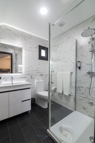 a bathroom with a shower and a sink and a toilet at The Rock Hostel in Ponta Delgada