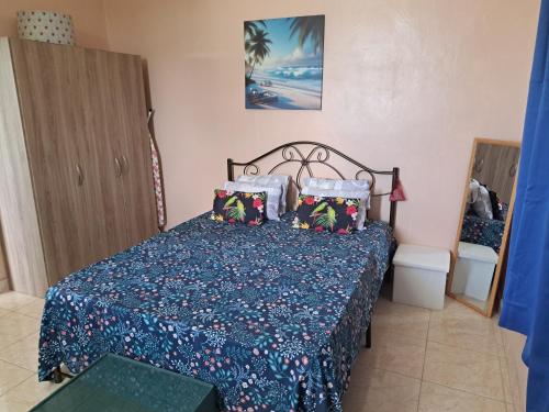 a bedroom with a bed with a blue blanket and pillows at Belle maison in Goodlands
