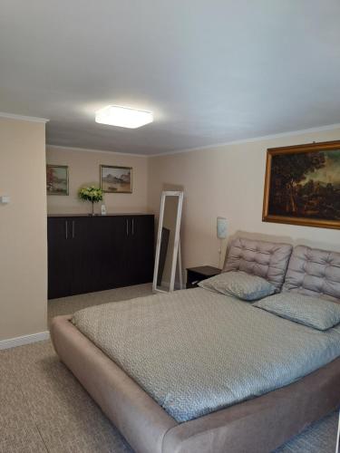 a bedroom with a bed and a painting on the wall at Pensiunea Ada in Balta Verde