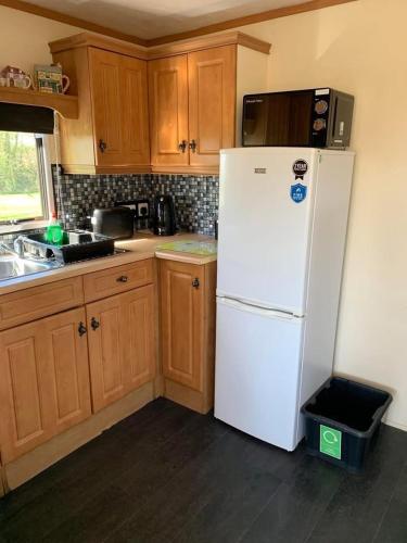 a kitchen with a white refrigerator and a microwave at tranquil holiday home Devon Cornwall border Bude in Pyworthy