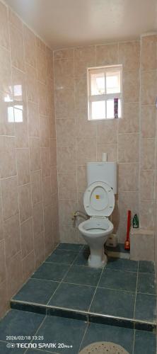 a bathroom with a toilet and a window at Savannah milestone in Gilgil