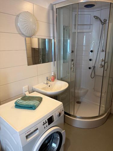 a bathroom with a shower and a washing machine at Pension EdHeLo in Barby