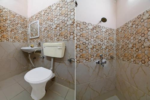 two pictures of a bathroom with a toilet and a shower at Hotel Soft Petal BB Block in Kolkata