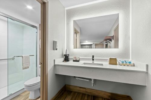 a bathroom with a sink and a toilet and a mirror at Red Roof Inn Panama City Beach in Panama City Beach
