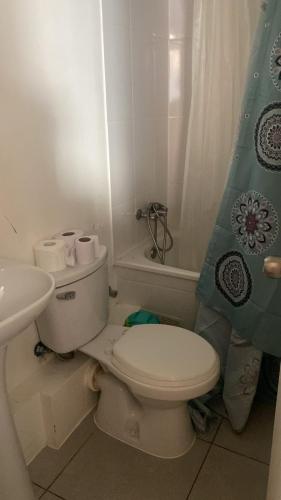 a bathroom with a toilet and a sink and a tub at departamento Eli in Valdivia